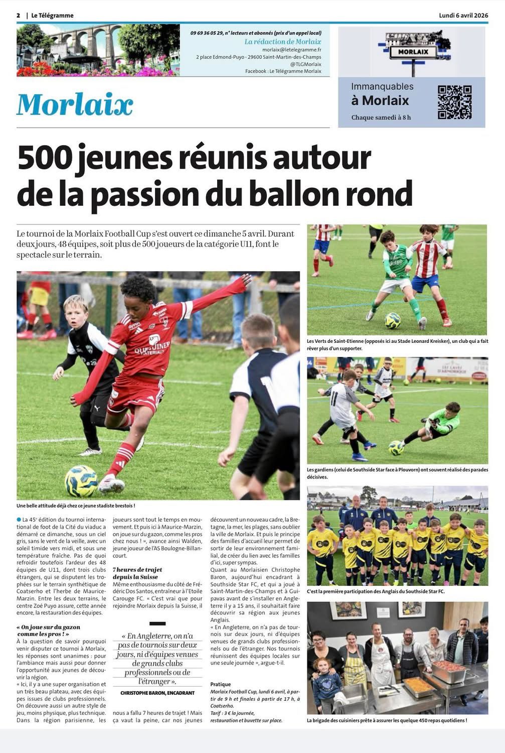 A page of the French newspaper Le Télégramme covering the Morlaix Football Cup, headlined 500 jeunes réunis autour de la passion du ballon rond